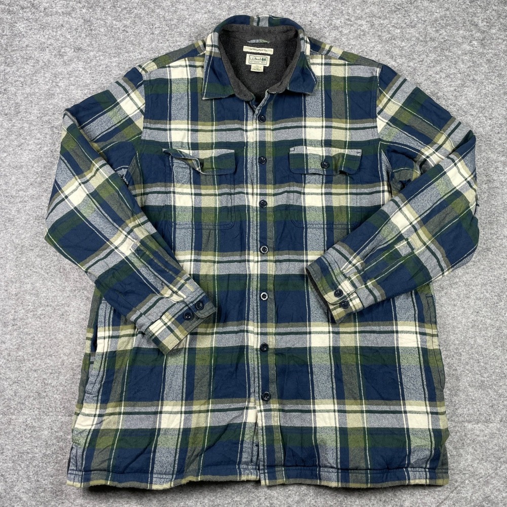 LL Bean Shirt Jacket Mens XL-Tall Blue Green Plaid Fleece Lined Traditional Fit